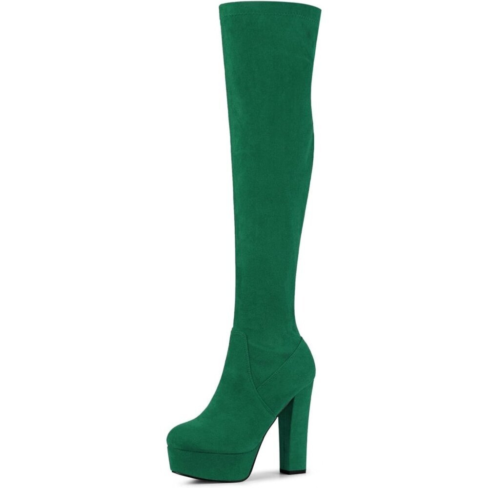 Women Green Suede Chunky Heel Rounded Toe Over The Knee Thigh High Boots
